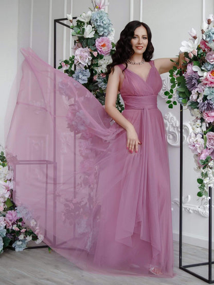 Floor Length Double V Neck Tulle Bridesmaid Dresses #color_Purple Orchid 