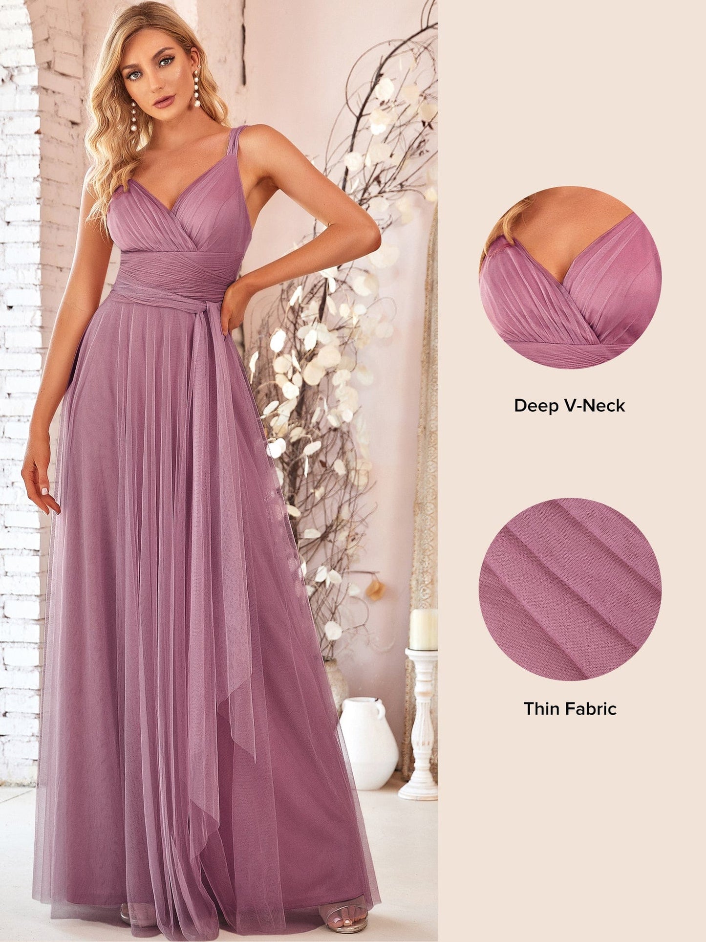 Floor Length Double V Neck Tulle Bridesmaid Dresses #color_Purple Orchid 