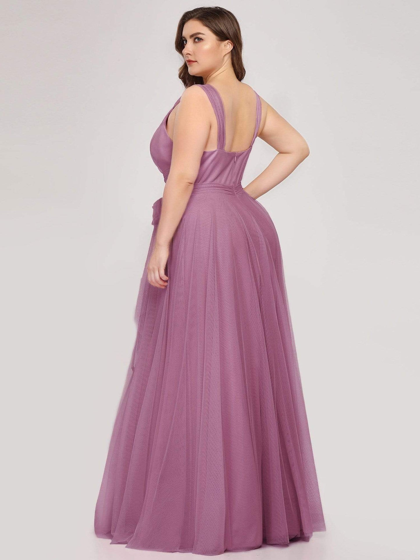 Plus Size Double V Neck Maxi Tulle Bridesmaid Dress #color_Purple Orchid 