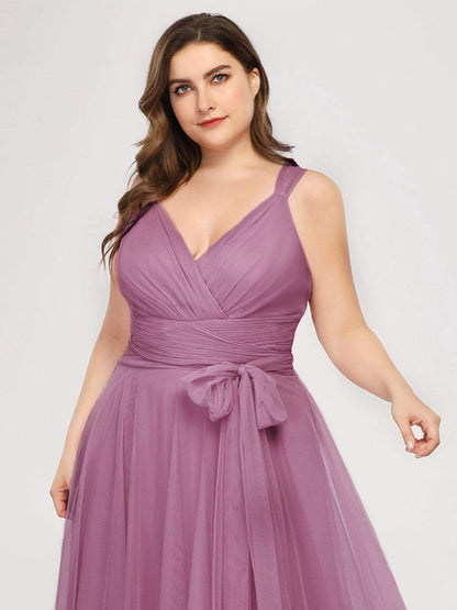 Plus Size Double V Neck Maxi Tulle Bridesmaid Dress #color_Purple Orchid 