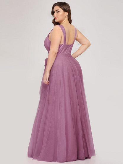 Custom Size Floor Length Double V Neck Tulle Bridesmaid Dresses #color_Purple Orchid