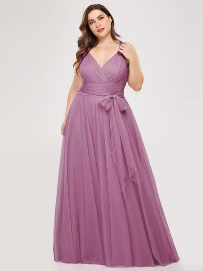 Custom Size Floor Length Double V Neck Tulle Bridesmaid Dresses #color_Purple Orchid