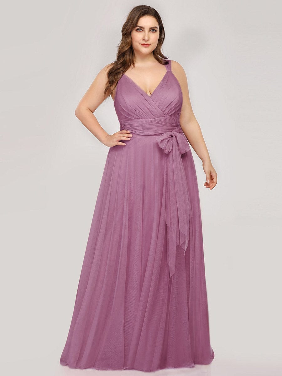 Custom Size Floor Length Double V Neck Tulle Bridesmaid Dresses #color_Purple Orchid