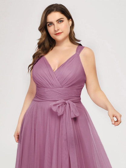 Custom Size Floor Length Double V Neck Tulle Bridesmaid Dresses #color_Purple Orchid