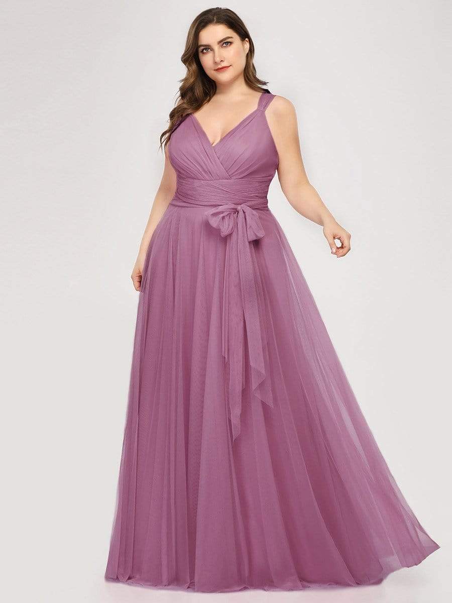 Floor Length Double V Neck Tulle Bridesmaid Dresses #color_Purple Orchid 