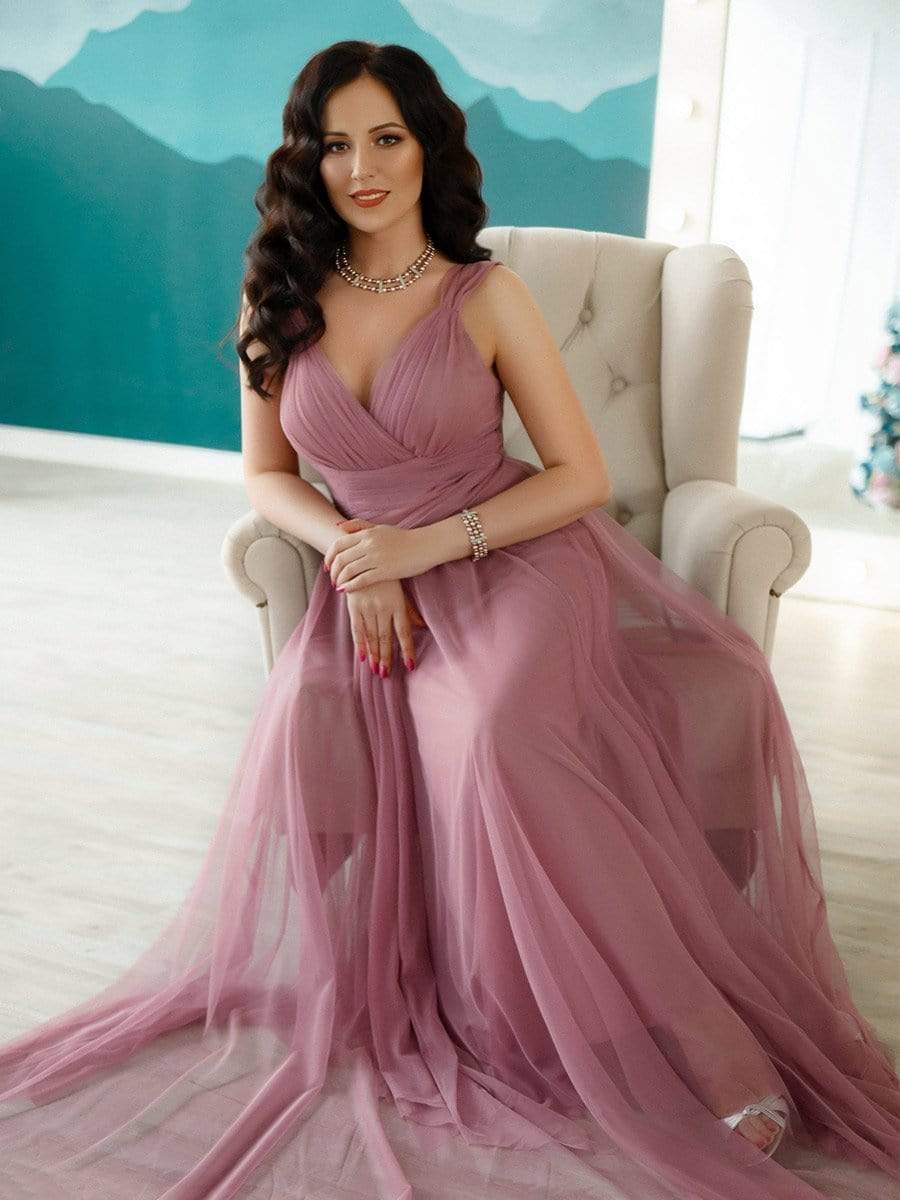 Floor Length Double V Neck Tulle Bridesmaid Dresses #color_Purple Orchid 