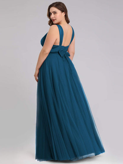 Plus Size Double V Neck Maxi Tulle Bridesmaid Dress #color_Teal 