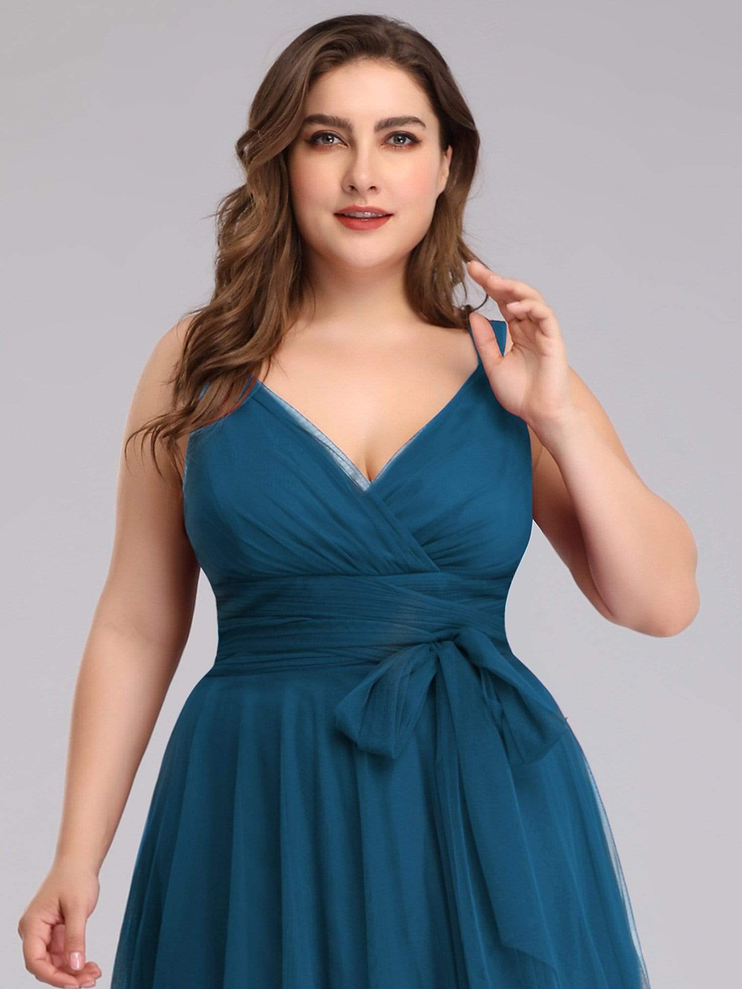 Plus Size Double V Neck Maxi Tulle Bridesmaid Dress #color_Teal 