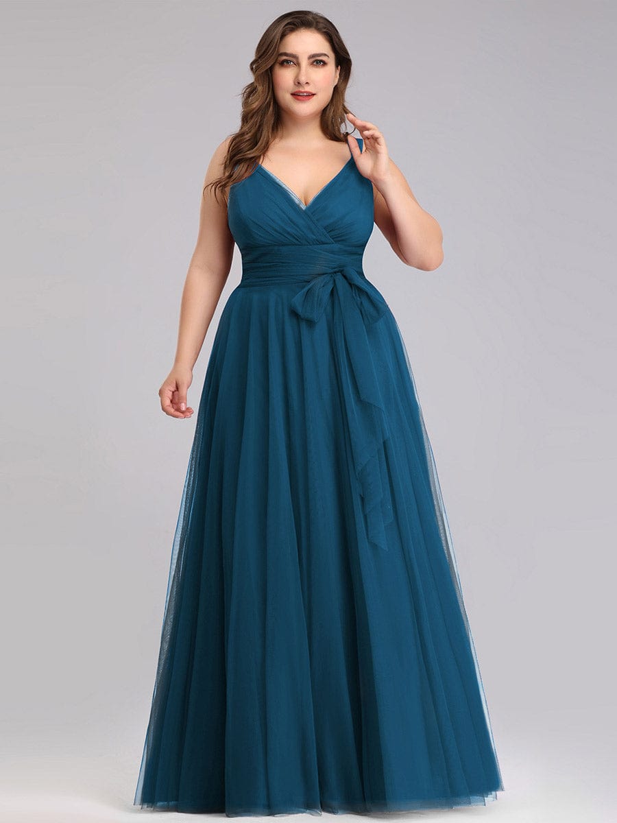 Custom Size Floor Length Double V Neck Tulle Bridesmaid Dresses #color_Teal