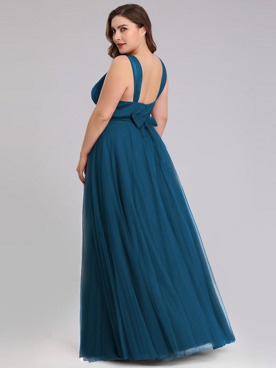 Custom Size Floor Length Double V Neck Tulle Bridesmaid Dresses #color_Teal