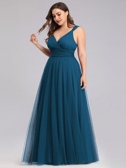 Custom Size Floor Length Double V Neck Tulle Bridesmaid Dresses #color_Teal