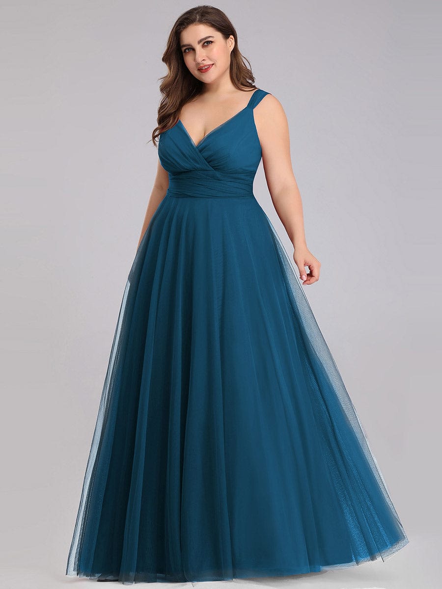 Custom Size Floor Length Double V Neck Tulle Bridesmaid Dresses #color_Teal