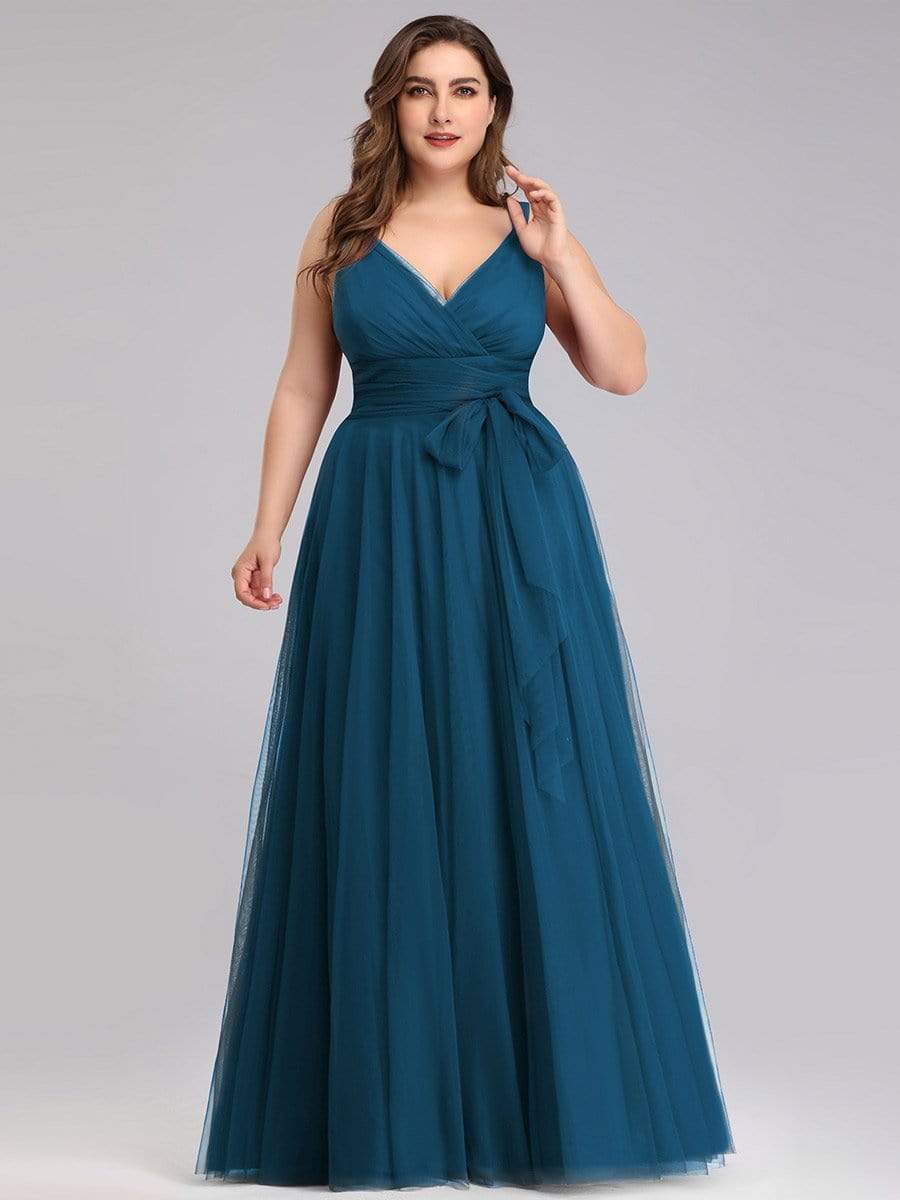 Floor Length Double V Neck Tulle Bridesmaid Dresses #color_Teal 