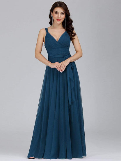 Floor Length Double V Neck Tulle Bridesmaid Dresses #color_Teal 