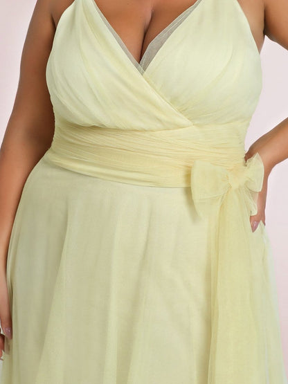 Plus Size Double V Neck Maxi Tulle Bridesmaid Dress #color_Yellow 