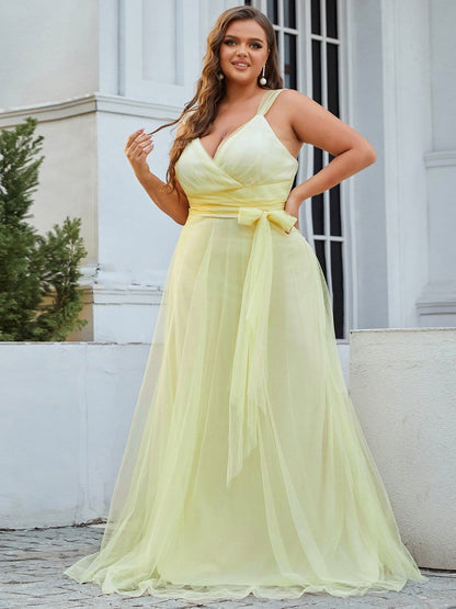 Plus Size Double V Neck Maxi Tulle Bridesmaid Dress #color_Yellow 