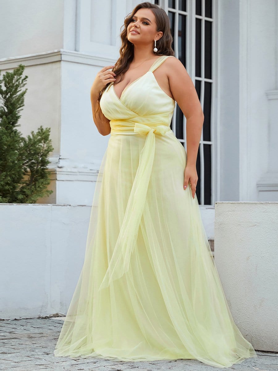 Plus Size Double V Neck Maxi Tulle Bridesmaid Dress #color_Yellow 