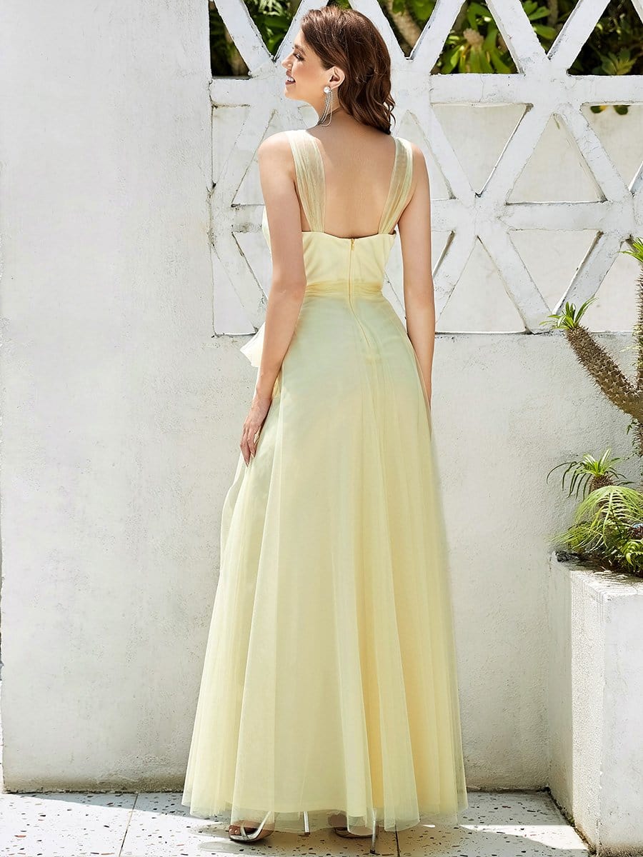 Floor Length Double V Neck Tulle Bridesmaid Dresses #color_Yellow 