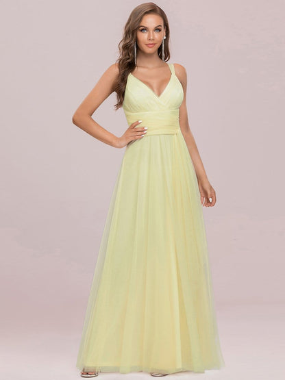 Floor Length Double V Neck Tulle Bridesmaid Dresses #color_Yellow 