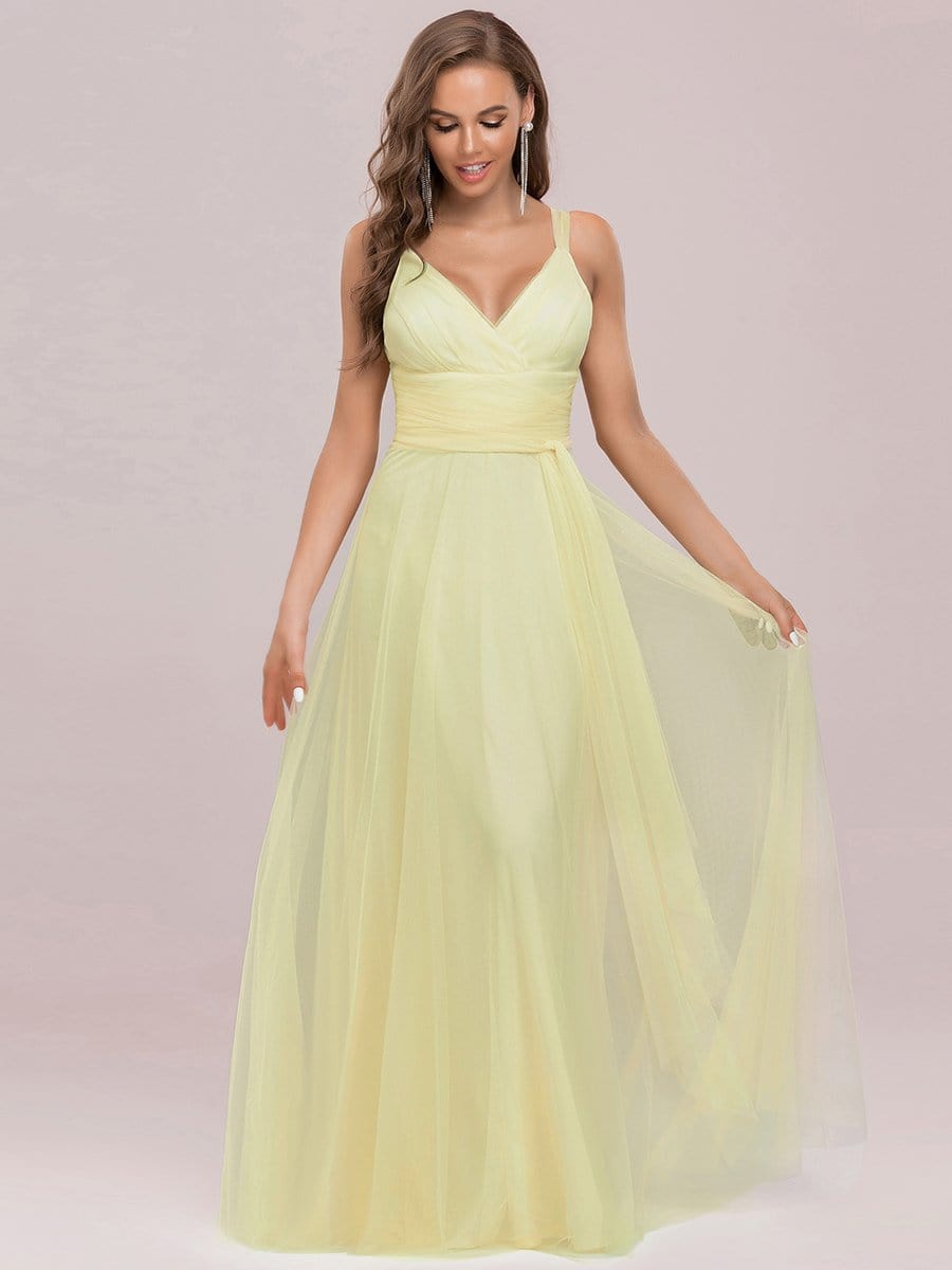 Floor Length Double V Neck Tulle Bridesmaid Dresses #color_Yellow 