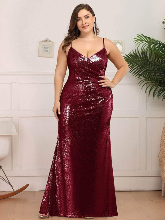 Plus Size Sparkly Sequin Long Mermaid Formal Party Dresses #color_Burgundy 