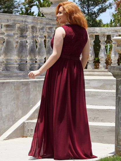 Plus Size Sleeveless Maxi Long A Line Lace Formal Evening Dresses #color_Burgundy 