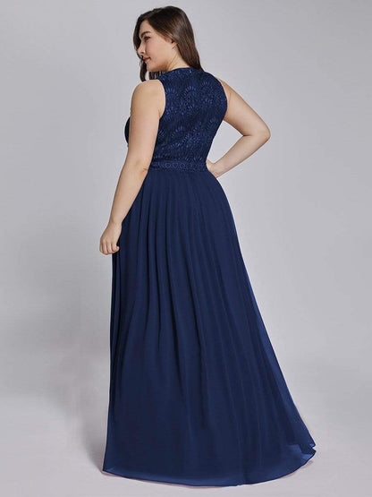 Plus Size Sleeveless Maxi Long A Line Lace Formal Evening Dresses #color_Navy Blue 