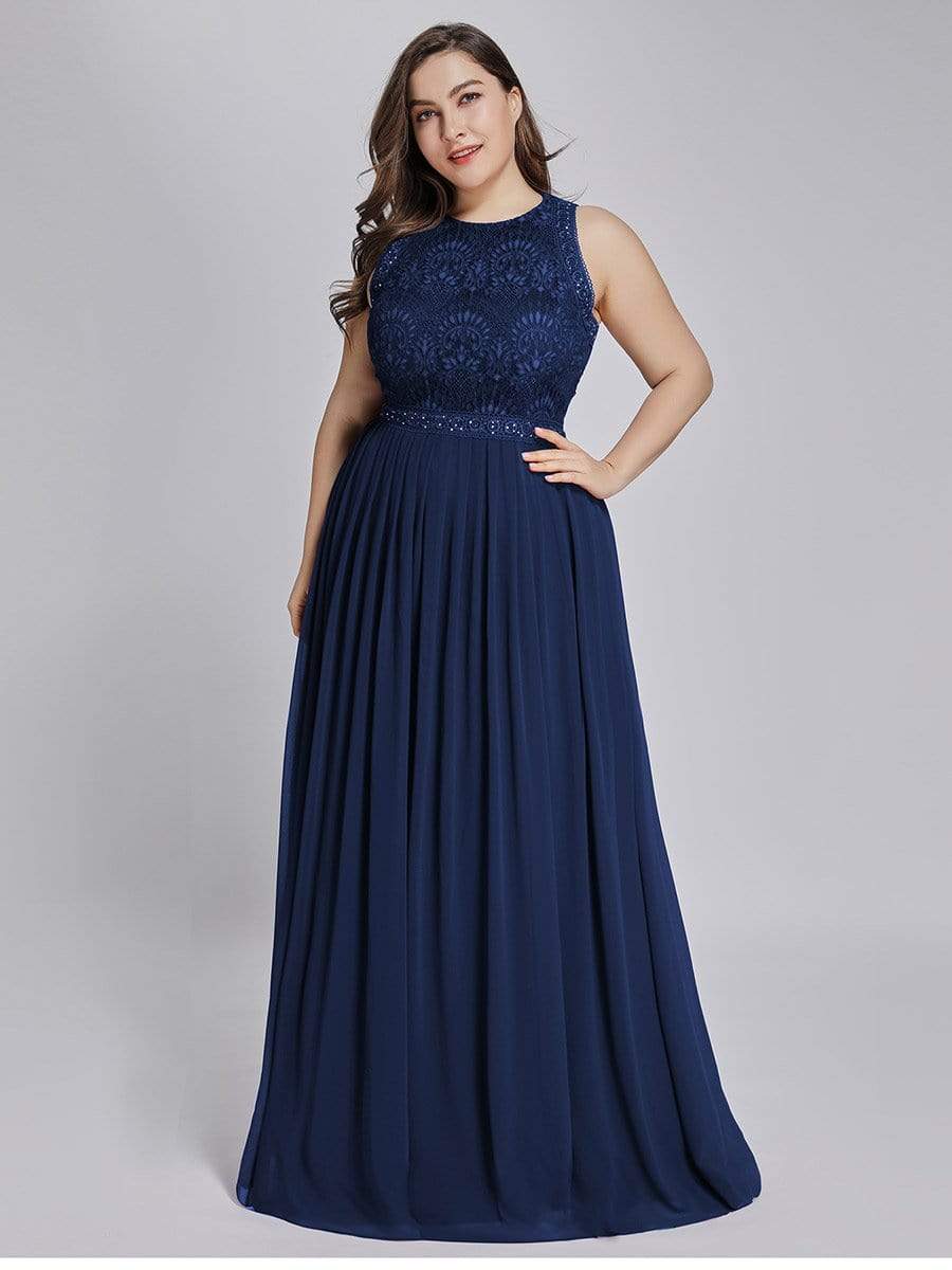 Plus Size Sleeveless Maxi Long A Line Lace Formal Evening Dresses #color_Navy Blue 