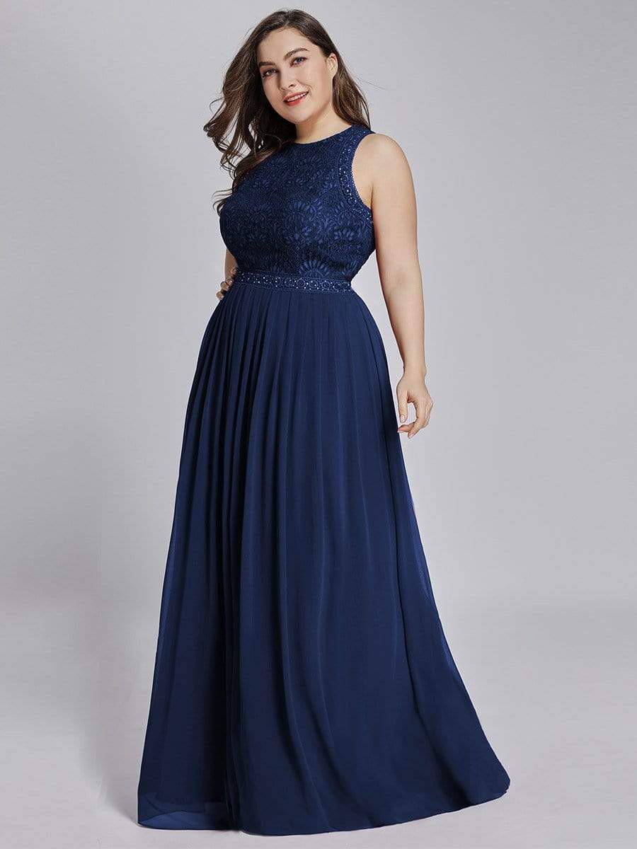 Plus Size Sleeveless Maxi Long A Line Lace Formal Evening Dresses #color_Navy Blue 