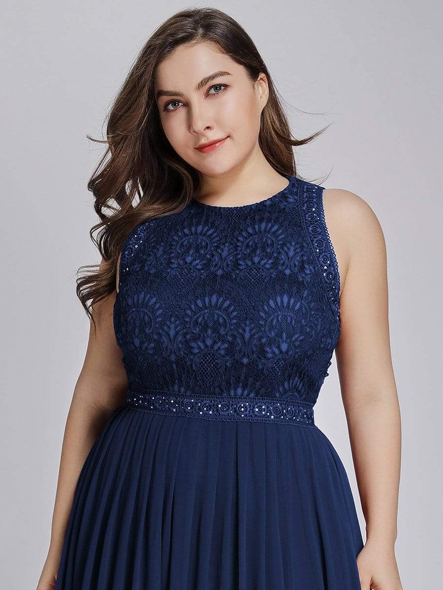 Plus Size Sleeveless Maxi Long A Line Lace Formal Evening Dresses #color_Navy Blue 