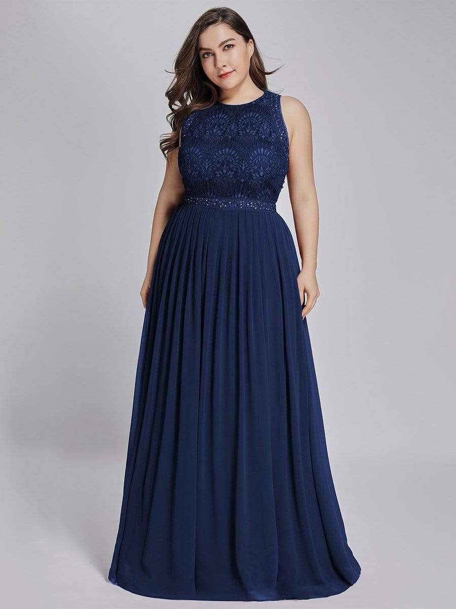 Plus Size Sleeveless Maxi Long A Line Lace Formal Evening Dresses #color_Navy Blue 