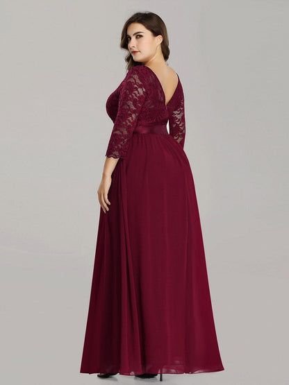 Custom Size See-Through Maxi Lace Evening Dress with Half Sleeve #color_Burgundy