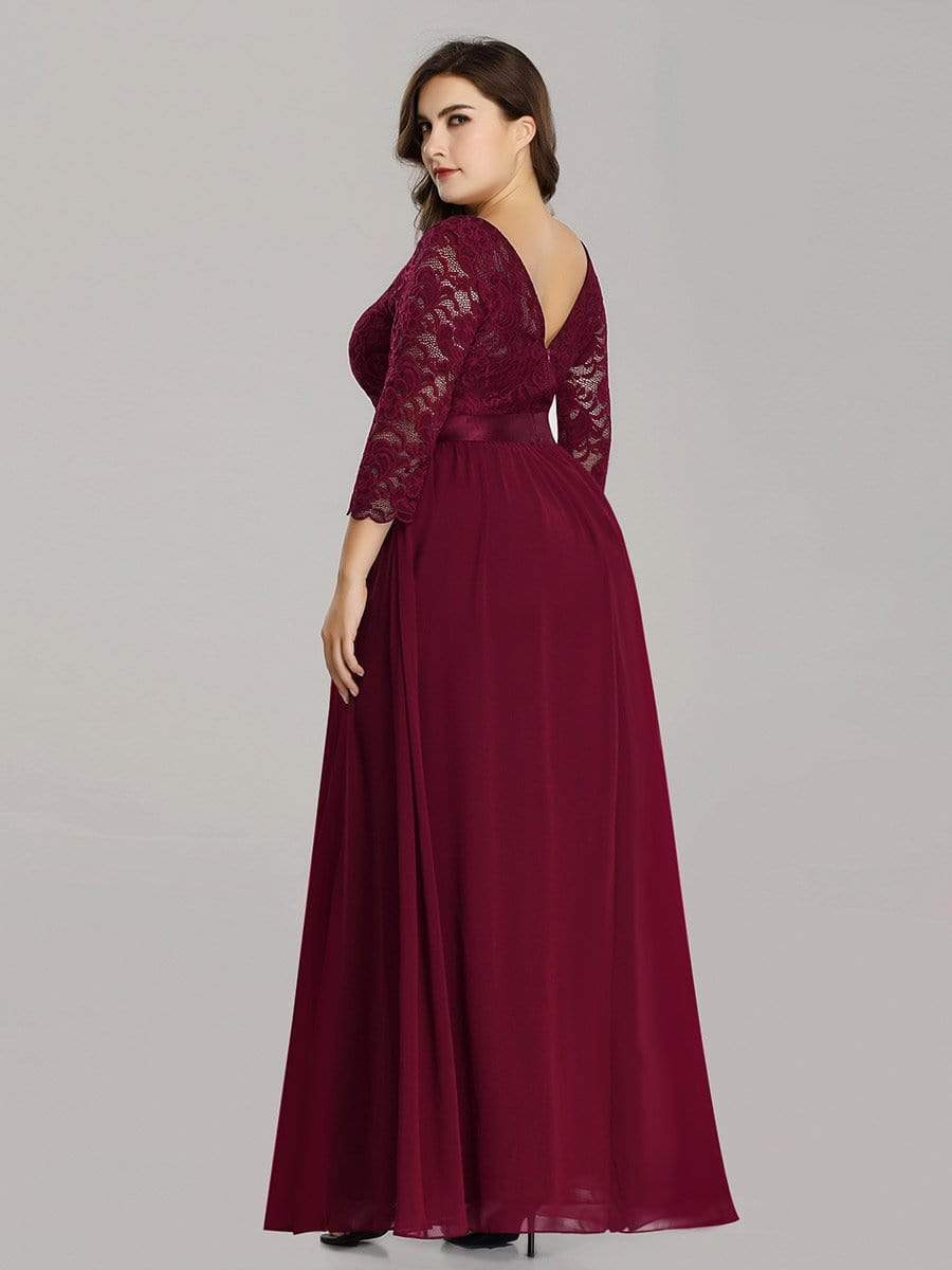 Plus Size Long Lace Sleeve Formal Evening Gowns #color_Burgundy 