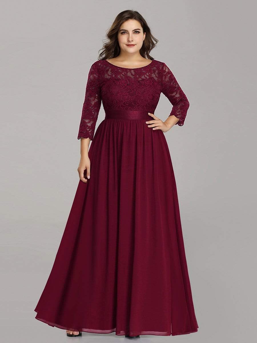 Plus Size Long Lace Sleeve Formal Evening Gowns #color_Burgundy 