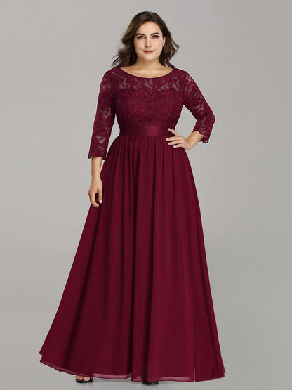 Custom Size See-Through Maxi Lace Evening Dress with Half Sleeve #color_Burgundy