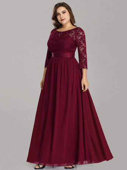 See-Through Floor Length Lace Evening Dress with Half Sleeve #color_Burgundy 