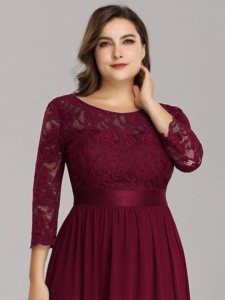 Plus Size Long Lace Sleeve Formal Evening Gowns #color_Burgundy 