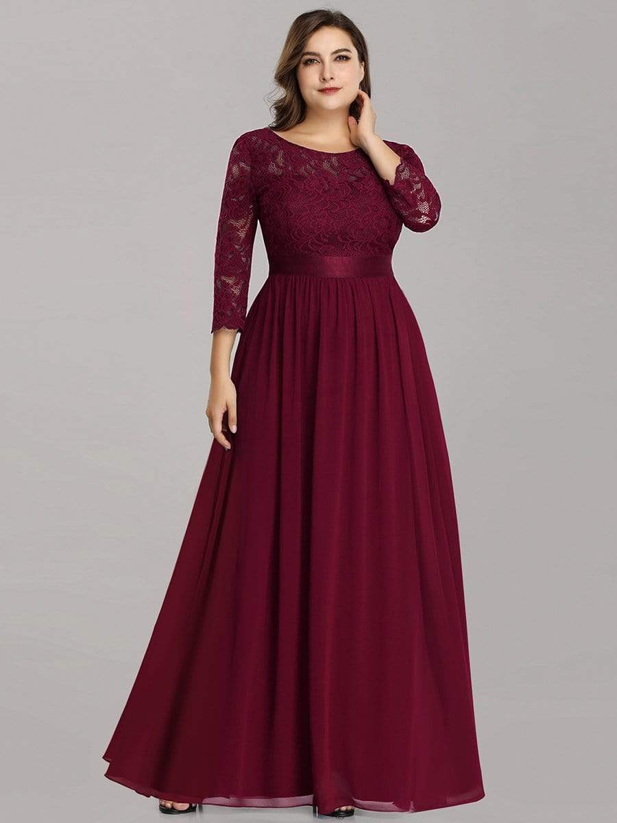 Plus Size Long Lace Sleeve Formal Evening Gowns #color_Burgundy 