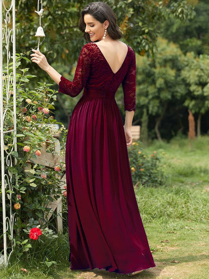 See-Through Floor Length Lace Evening Dress with Half Sleeve #color_Burgundy 