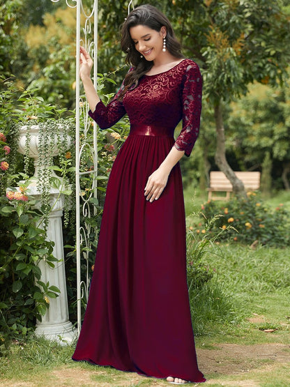 See-Through Floor Length Lace Evening Dress with Half Sleeve #color_Burgundy 