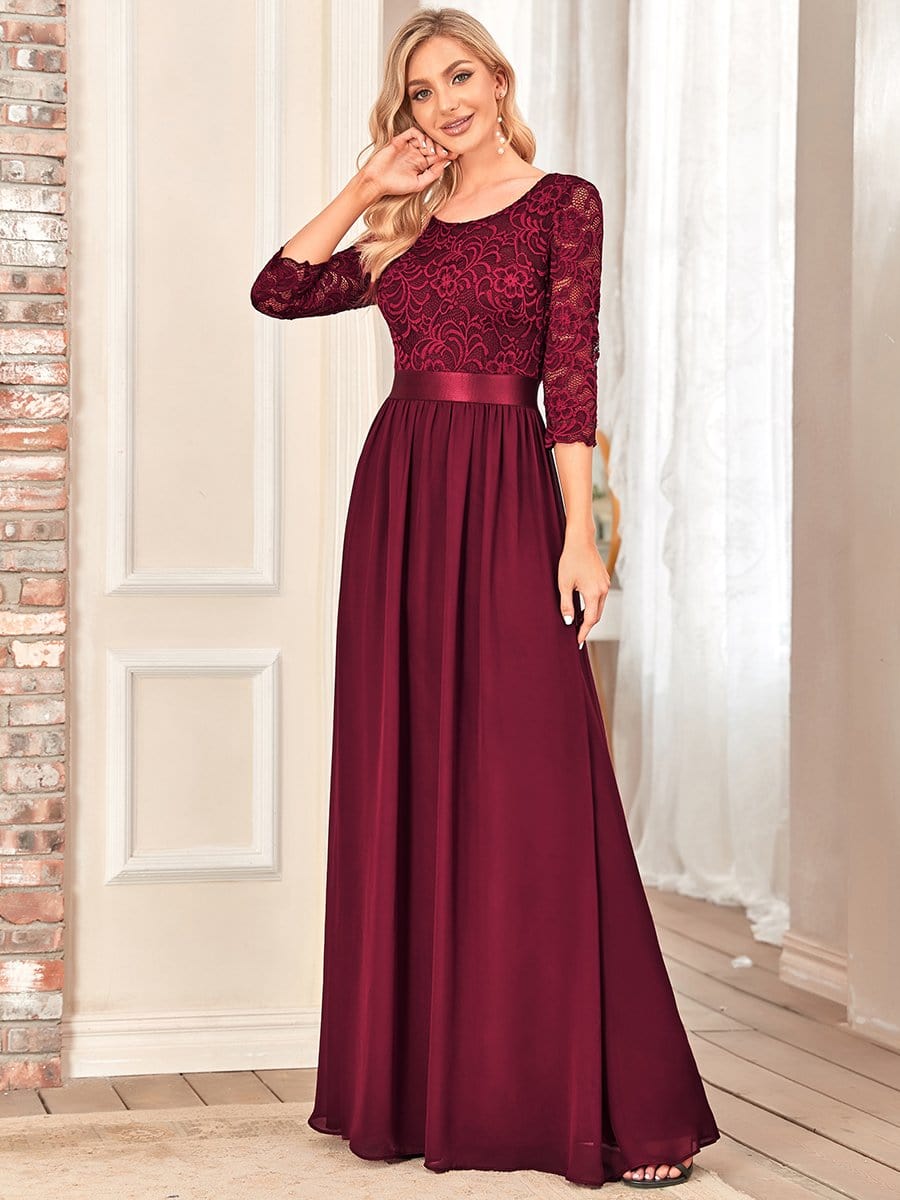 See-Through Floor Length Lace Evening Dress with Half Sleeve #color_Burgundy 