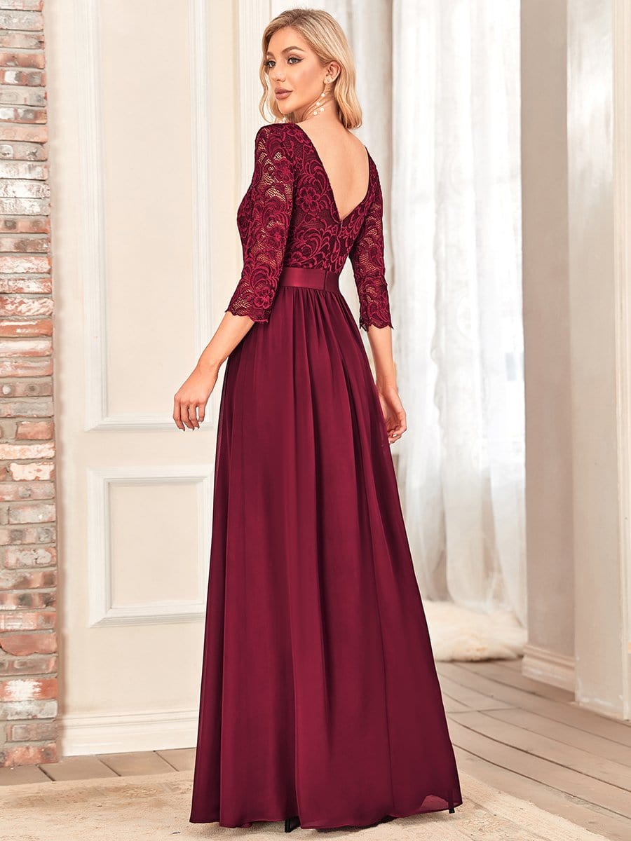 See-Through Floor Length Lace Evening Dress with Half Sleeve #color_Burgundy 