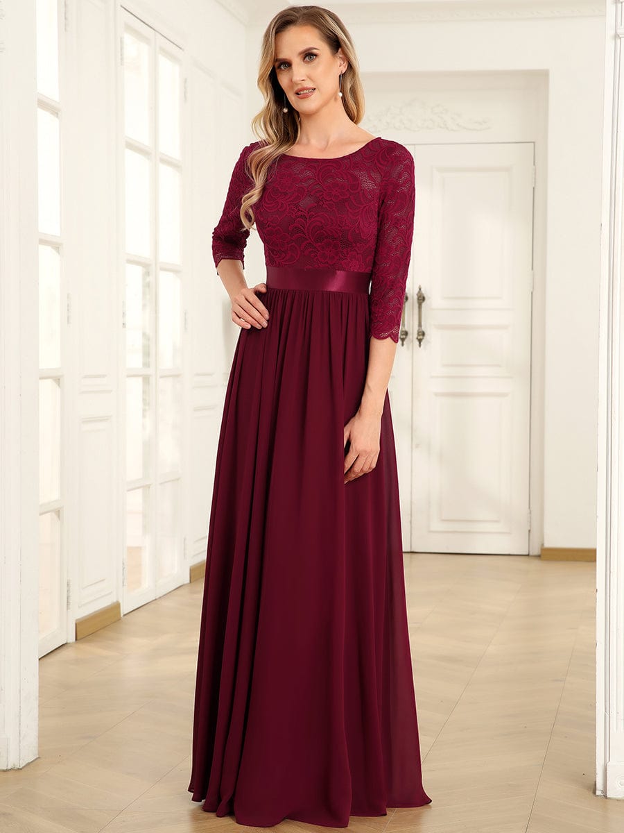 See-Through Floor Length Lace Evening Dress with Half Sleeve #color_Burgundy