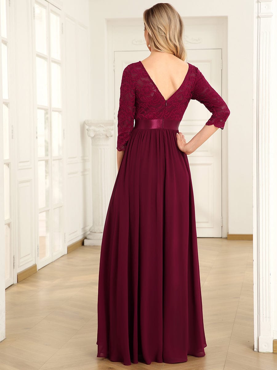 See-Through Floor Length Lace Evening Dress with Half Sleeve #color_Burgundy