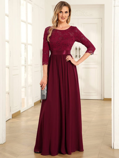 See-Through Floor Length Lace Evening Dress with Half Sleeve #color_Burgundy