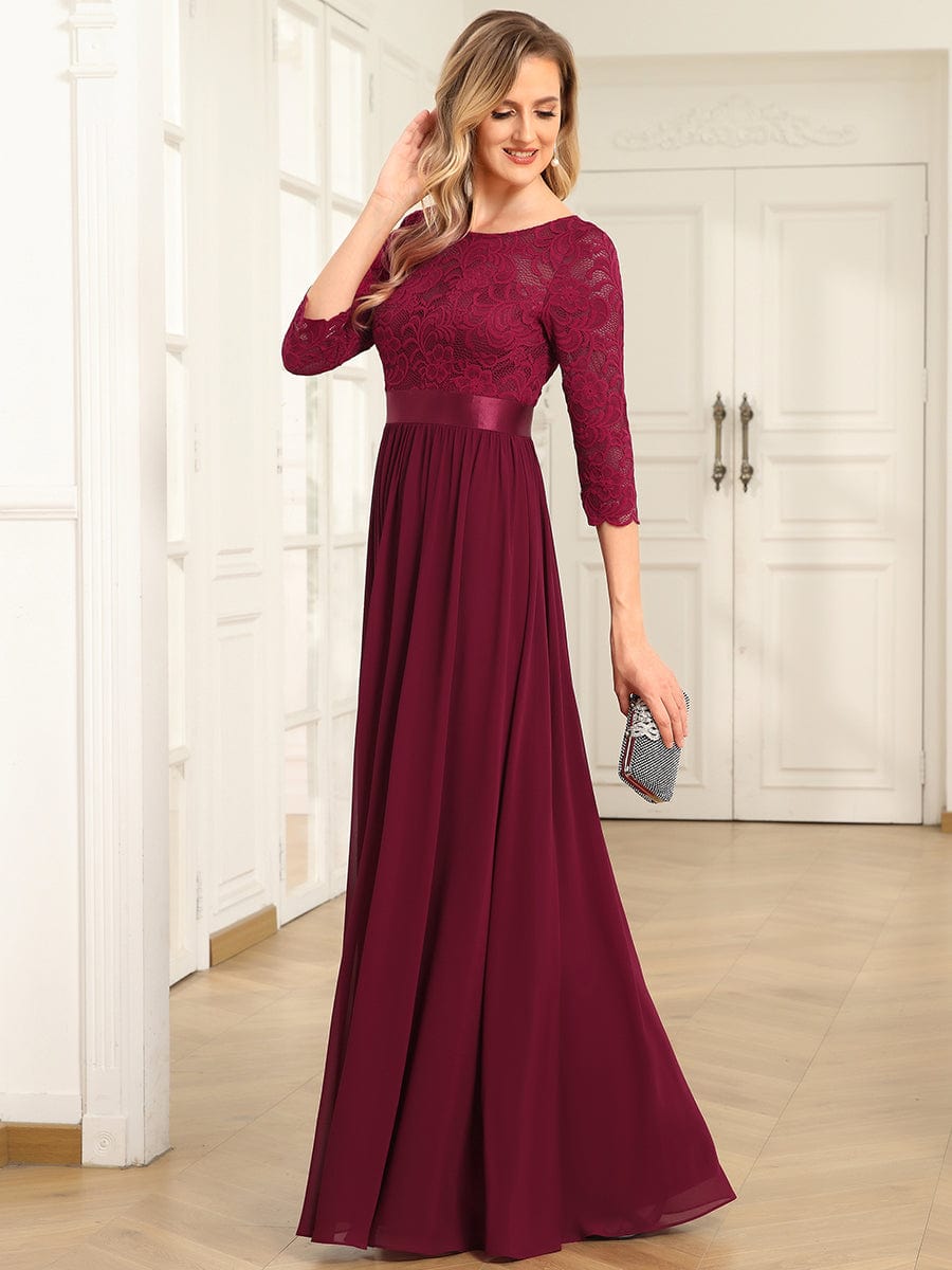 See-Through Floor Length Lace Evening Dress with Half Sleeve #color_Burgundy