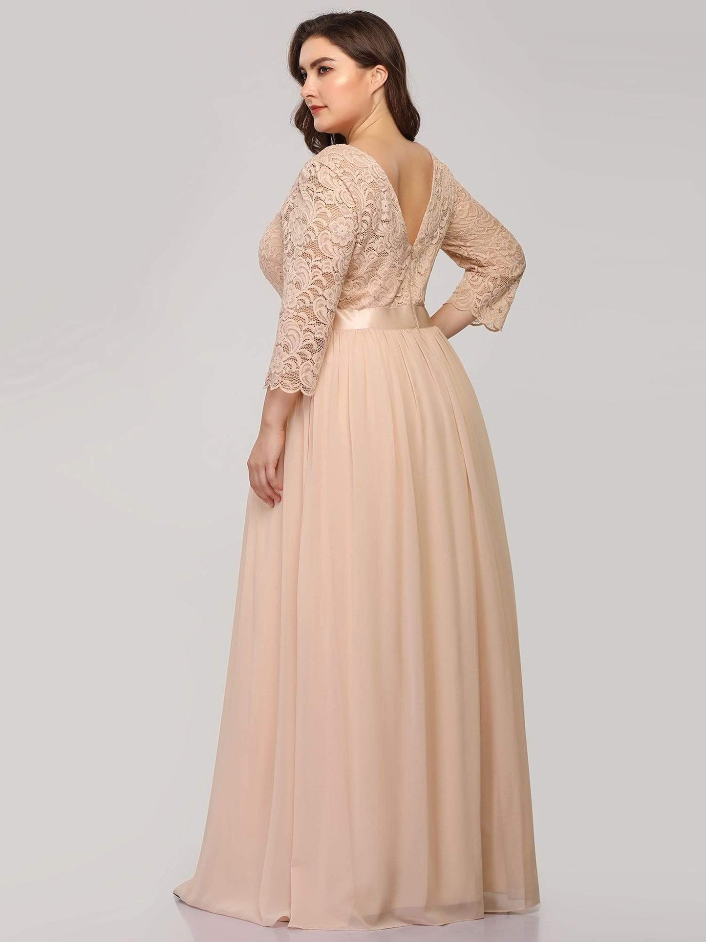 See-Through Floor Length Lace Evening Dress with Half Sleeve #color_Blush 