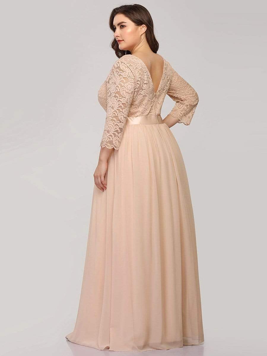 Plus Size Long Lace Sleeve Formal Evening Gowns #color_Blush 