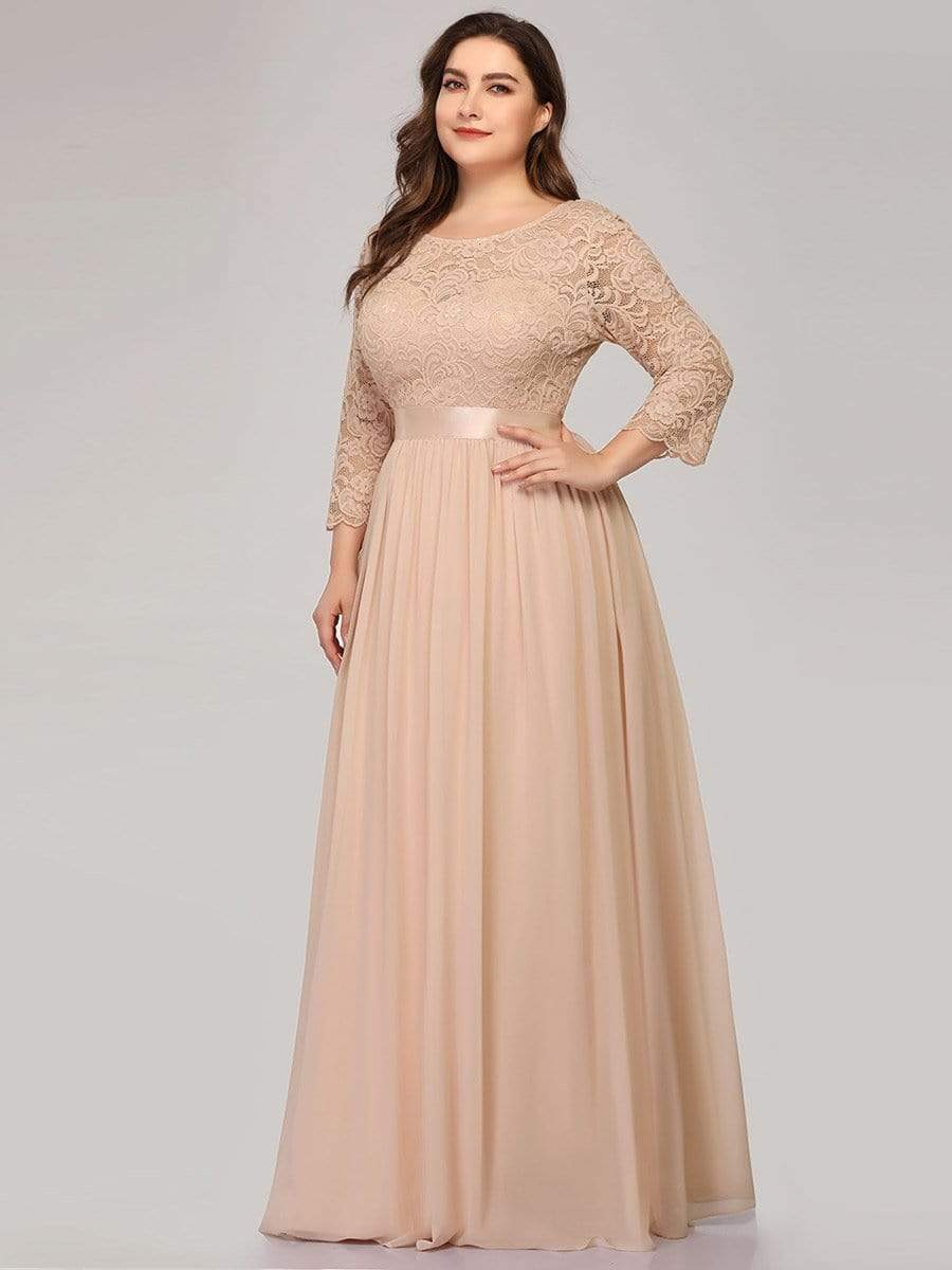 Plus Size Long Lace Sleeve Formal Evening Gowns #color_Blush 