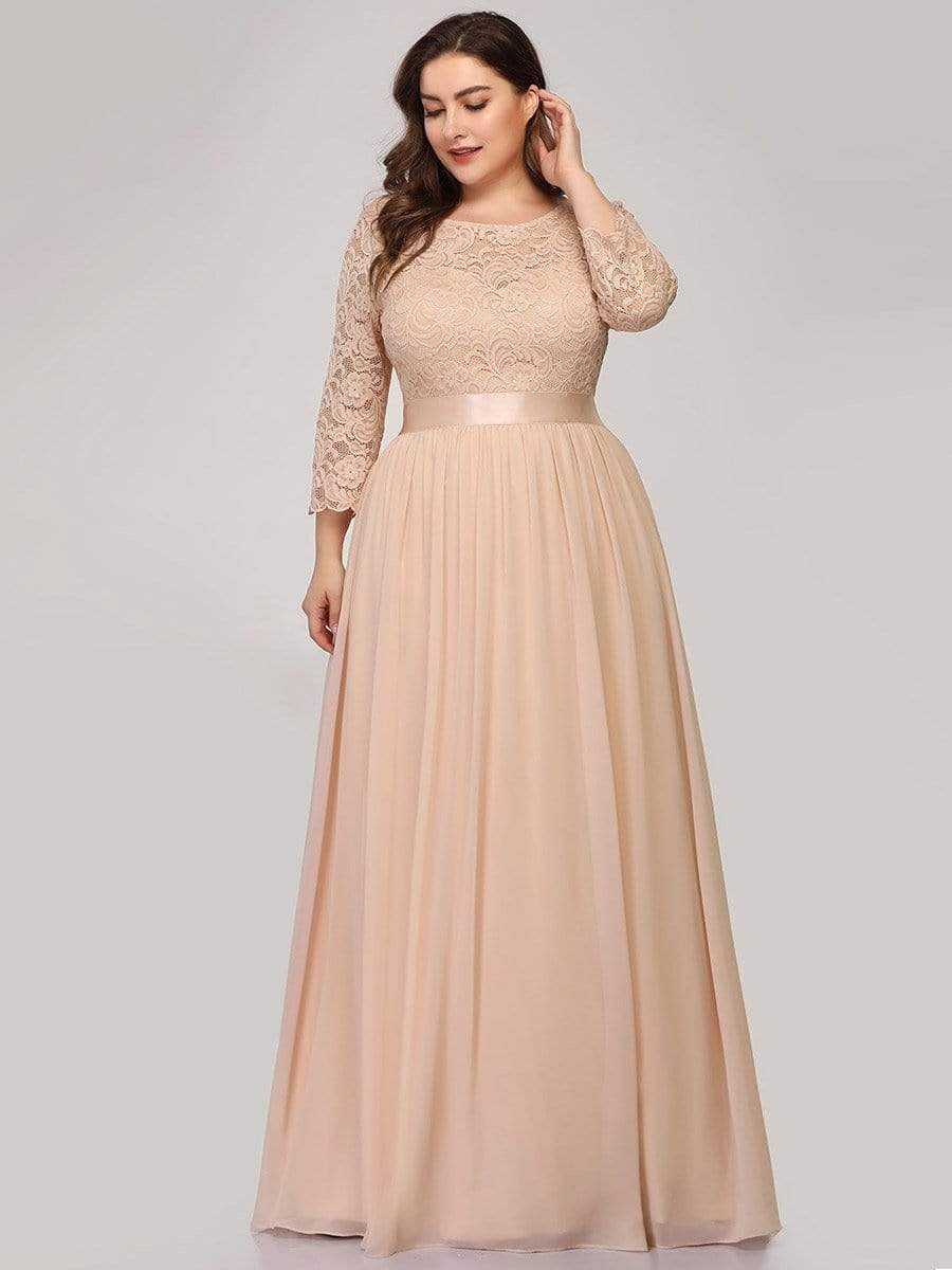 Plus Size Long Lace Sleeve Formal Evening Gowns #color_Blush 